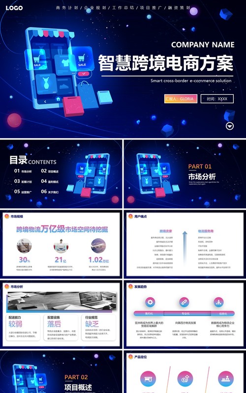 渐变互联网科技感智慧跨境电商方案PPT模板