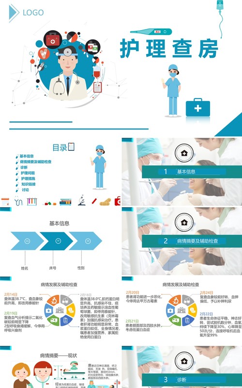 蓝白护士护理查房专用医疗PPT模板