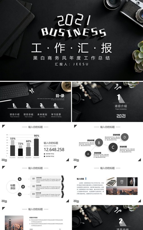 黑色商务2021年终工作汇报计划总结PPT模板