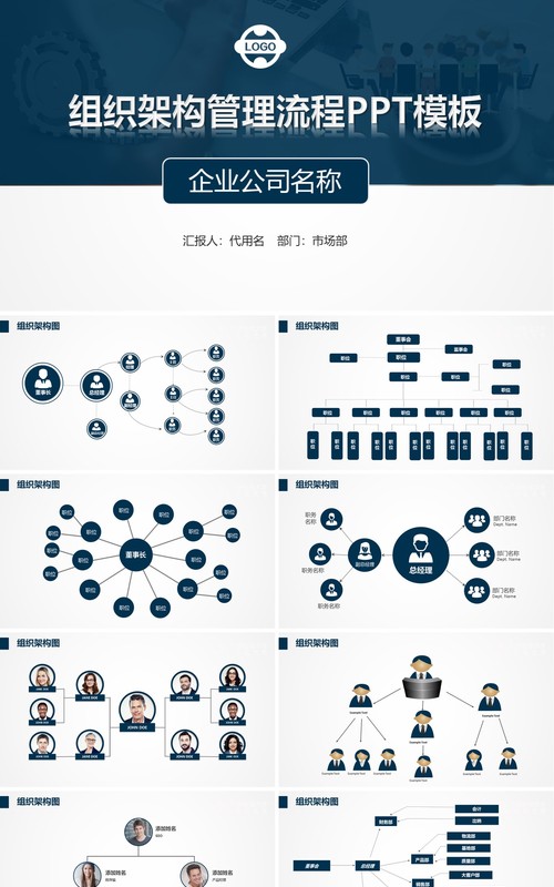 蓝红色公司组织架构管理流程商务ppt模板